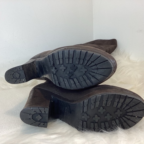 PRADA TALL BOOTS LEATHER CHOCOLATE BROWN BLOCK HEEL SLIGHT SLOUCH SZ 7.5 - Picture 15 of 16